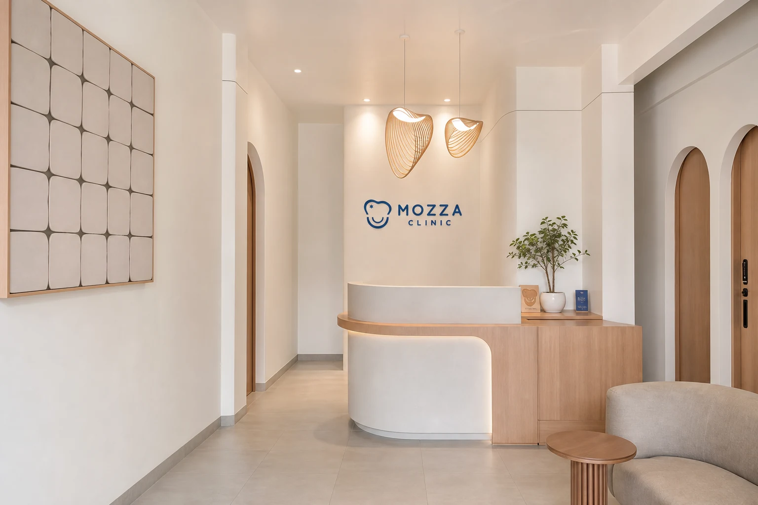 Area resepsionis Mozza Dental yang modern dan nyaman
