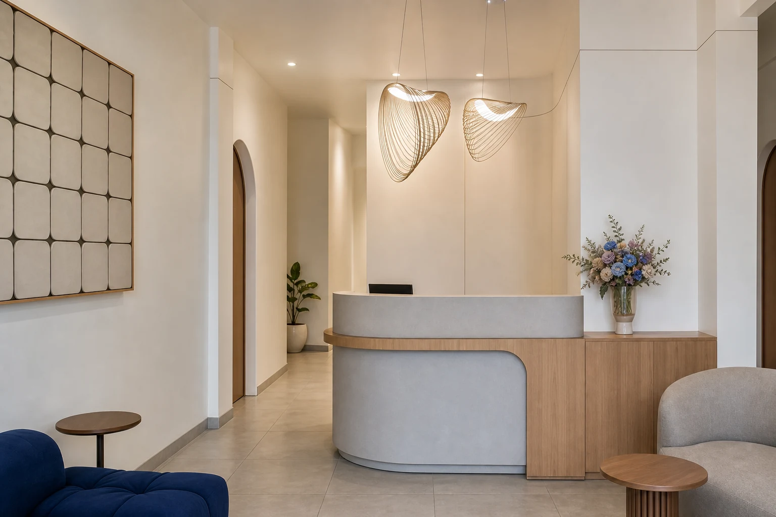 Area resepsionis Mozza Dental dengan interior putih dan kayu yang hangat